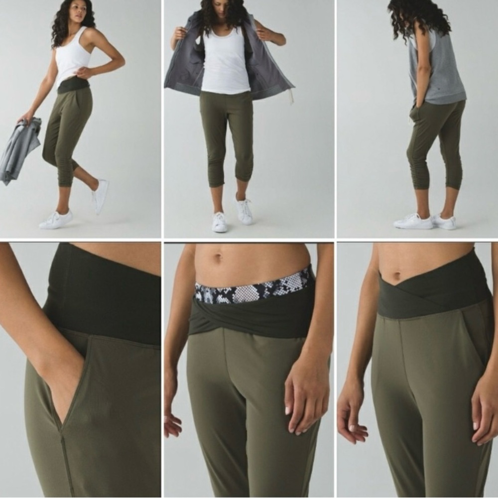 Lululemon sunset salutation crop size 6 olive green fold over waistband